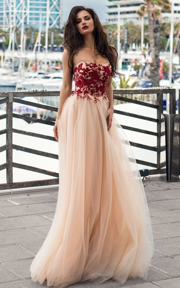 Bohemian Lace Tulle Strapless A Line Sleeveless Prom Dress with Appliques