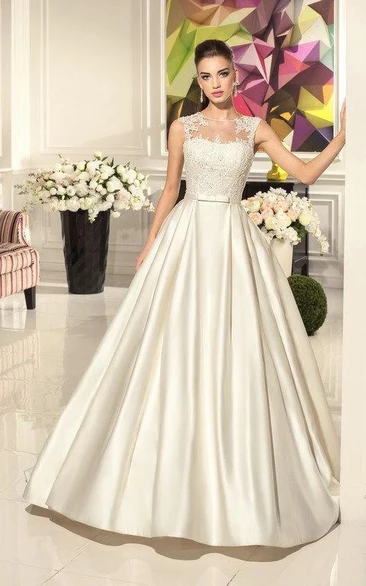 A-Line Satin Floor-Length Dress With Illusion Back And Appliques
