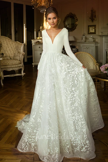 Long Sleeve Floor-length A-Line V-neck Ethereal Lace Wedding Dress with ...