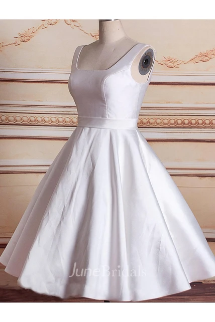 Short Tea-Length Square Lace Satin Weddig Dress - June Bridals