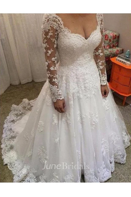 Ball Gown V-neck Long Sleeves Lace Court Train Wedding Dresses - June ...