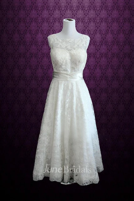Vintage Sleeveless Retro Boat Neck Lace Tea Length Wedding Dress - June ...