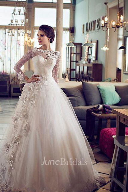Elegant Bateau Long Sleeve Tulle Wedding Dress With Flowers Lace - June ...