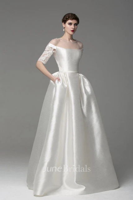 Off-Shoulder Long A-Line Satin Wedding Dress With Lace Sleeves - June ...