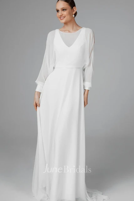 Modest A Line Bateau Chiffon Sweep Train Wedding Dress - June Bridals