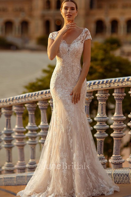 Mermaid Lace V-neck Elegant Floor-length Short Sleeve Mermaid Lace V-neck Elegant Floor-length Short Sleeve