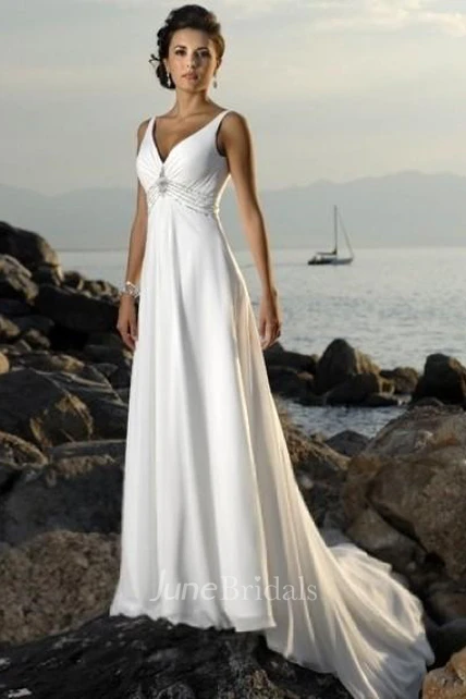 Empire V-neck Court Trains Sleeveless Chiffon Beach Wedding Dresses for ...
