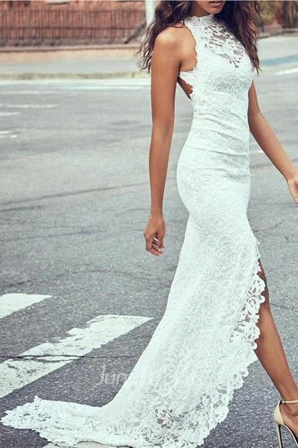 Sexy Lace Sheath Halter Sleeveless Keyhole Wedding Gown with Split Front -  June Bridals