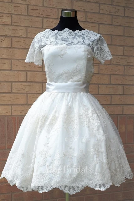Scalloped Short Satin Wedding Dress With Sash And Illusion Sleeve ...