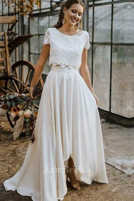 Vintage Boho Two-Piece Wedding Dress Bateau Satin and Lace Short Sleeve ...