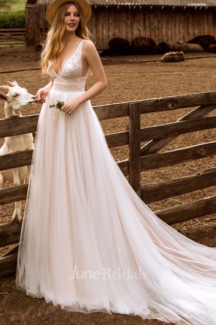 A-Line Casual Plunging Neckline Tulle Wedding Dress With