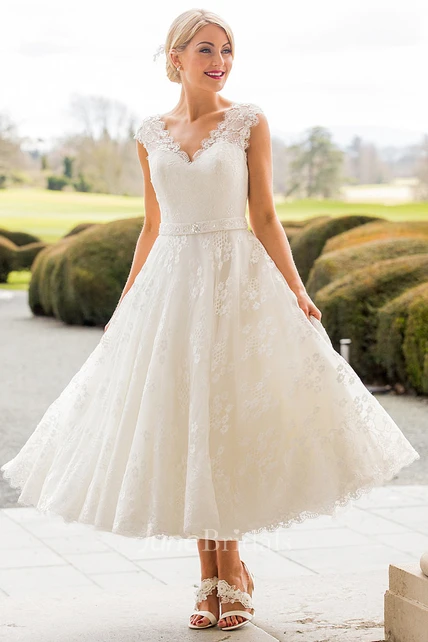 A-Line Tea-Length Appliqued Scalloped Cap Sleeve Lace Wedding Dress ...