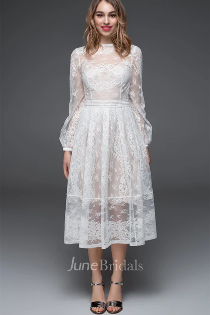 Romantic High Neck A Line Lace Tea-length Wedding Dress with Appliques ...