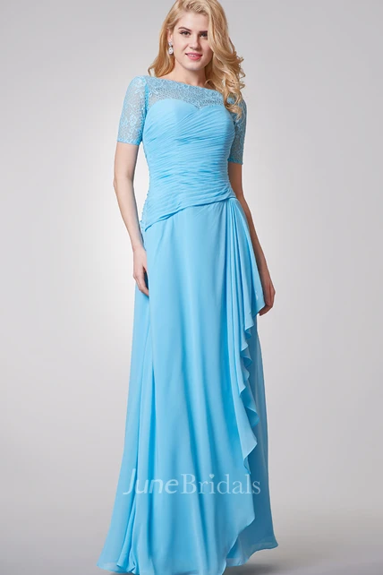 Bateau Neckline Long Chiffon Dress With Lace Top - June Bridals