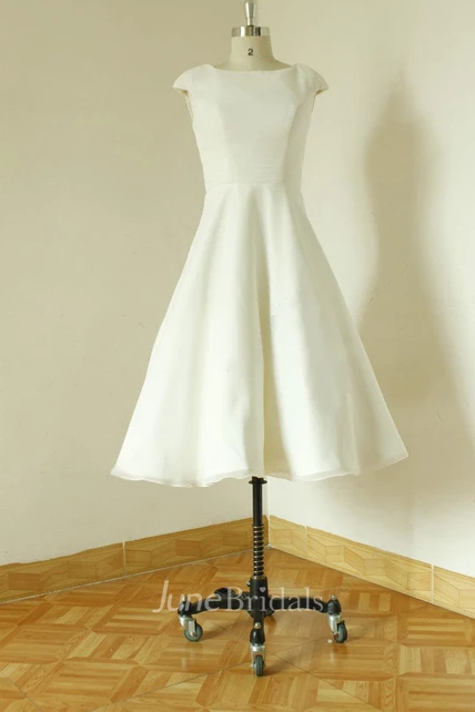 Jewel Cap Sleeve Zipper Back Tea-Length Satin Wedding Dress - June Bridals