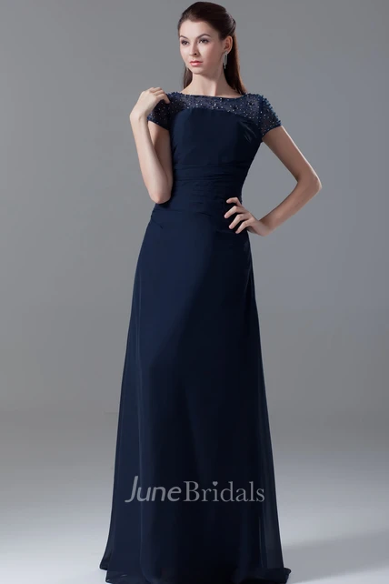 Maxi Bateau-Neck Pleated-Sleeve Dress With Crystal Detailing - June Bridals