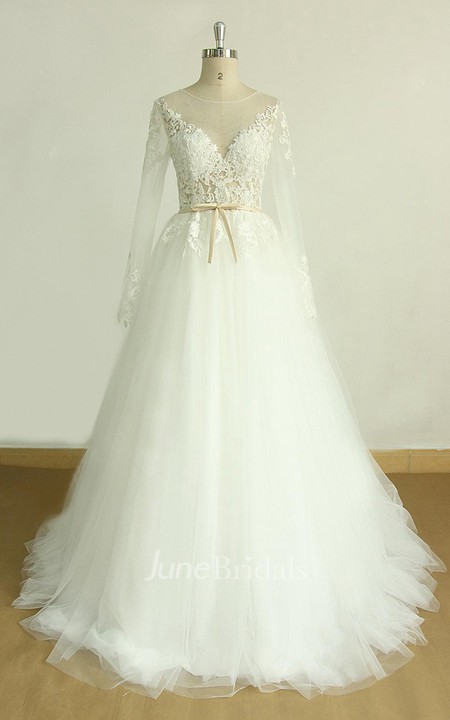 A-Line Long Sleeve Tulle Lace Satin Weddig Dress - June Bridals