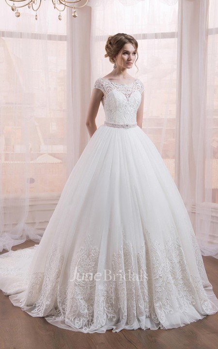 Scoop Neckline Ball Gown Lace Dress With Court Train And Waist ...