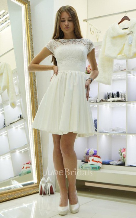 Bateau Short Sleeve Mini Lace A-Line Wedding Dress - June Bridals