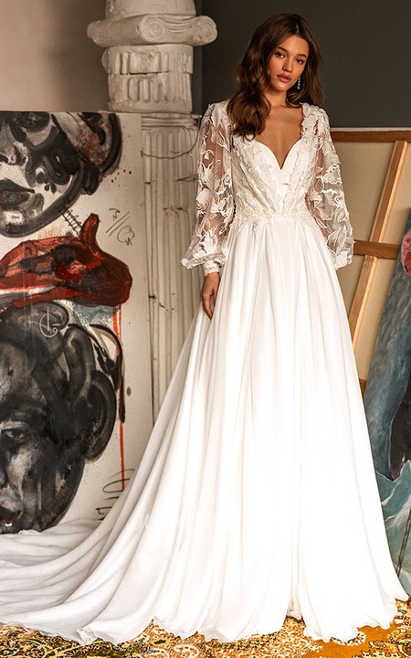 Simple A Line Chiffon Wedding Dress With Puff Sleeve And Sweetheart ...