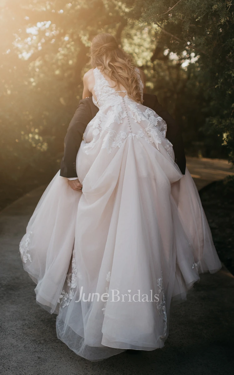Adorable A-Line Lace Wedding Dress With Appliques And Illusion Deep-V Back