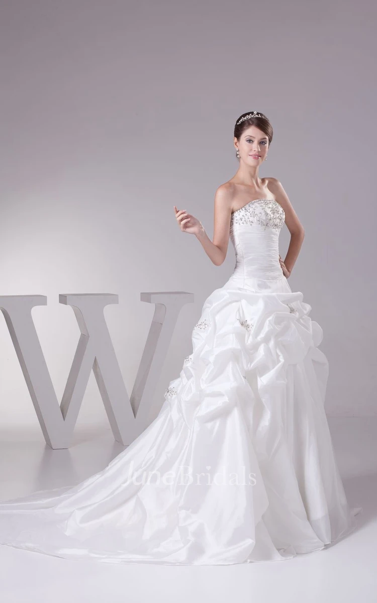 Strapless Pick-Up A-Line Gown With Pleats and Rhinestone