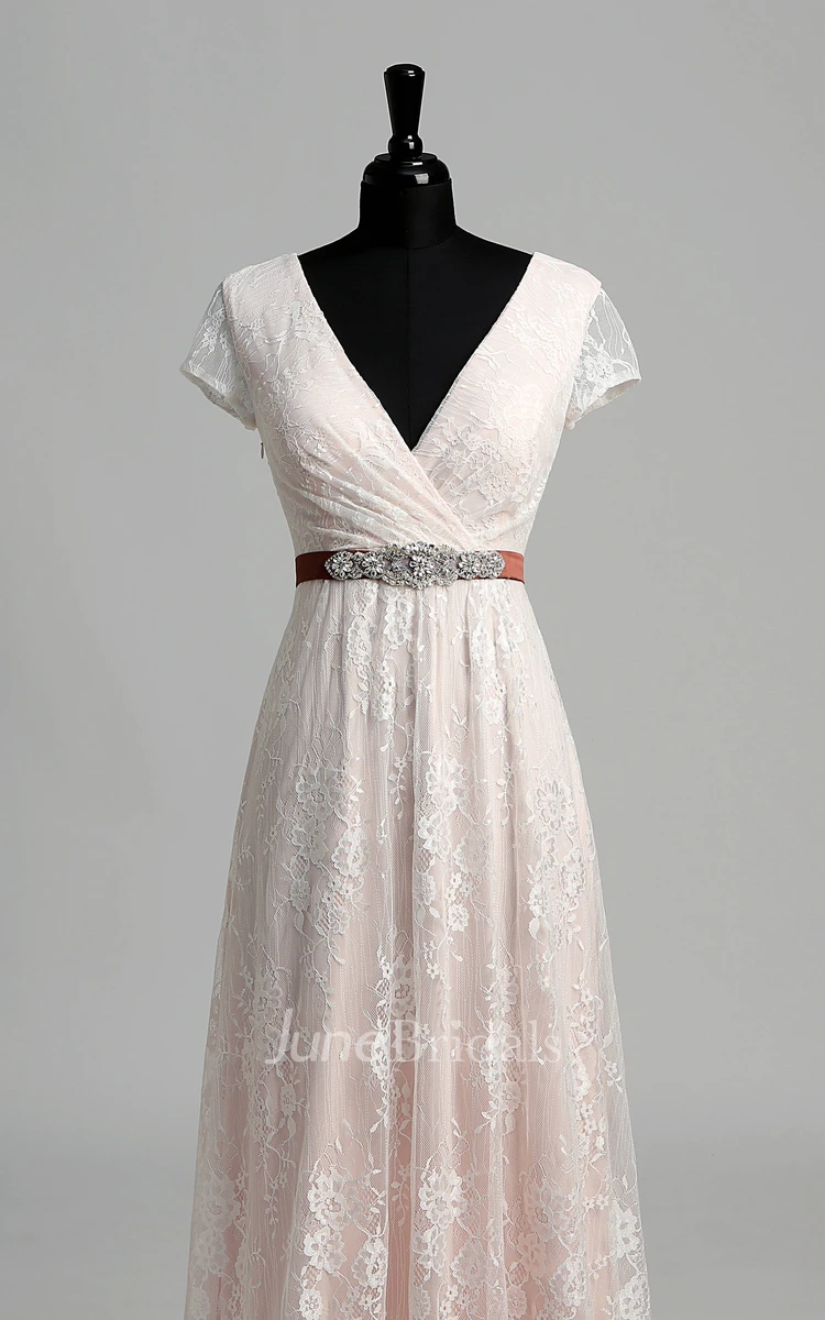Short Sleeve V-neck Pleated Long Lace Wedding Dress
