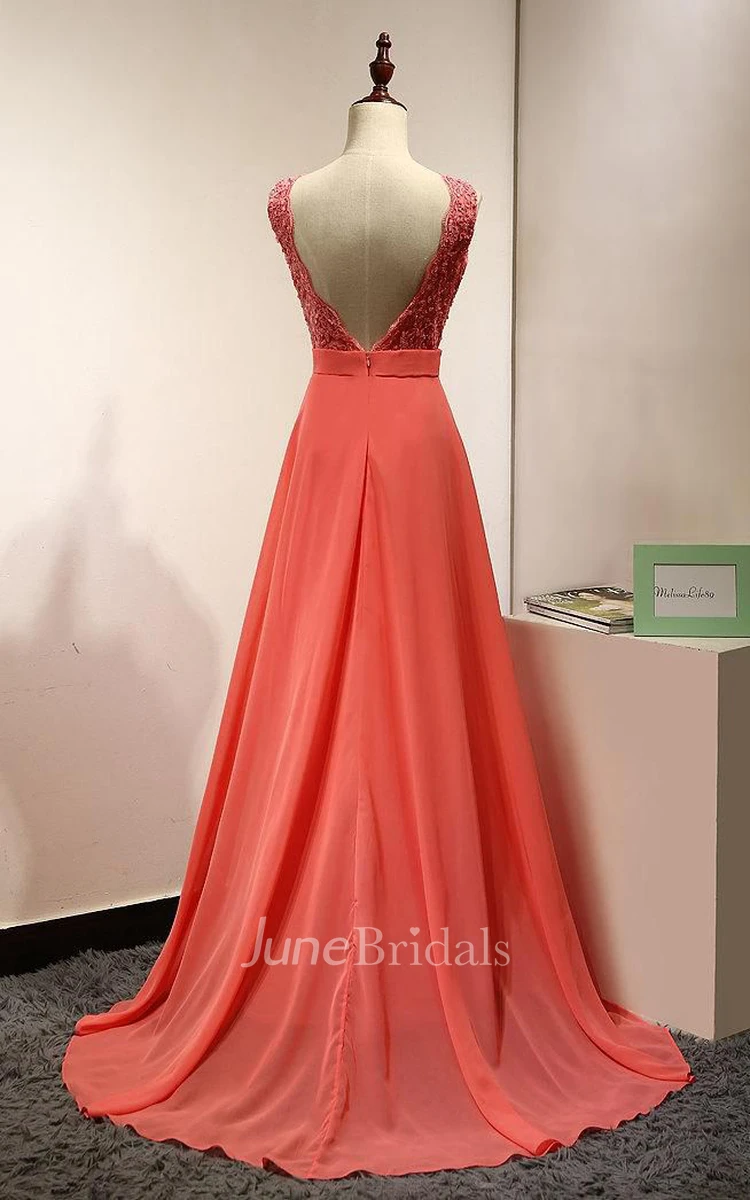 Long Coral Casual Lace Appliques Gown