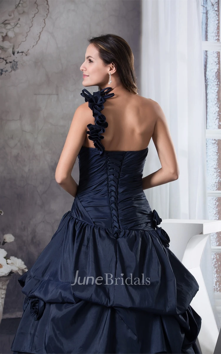 Sleeveless Pick-Up Ruffled Ball Gown with Ruching and Floral Strap