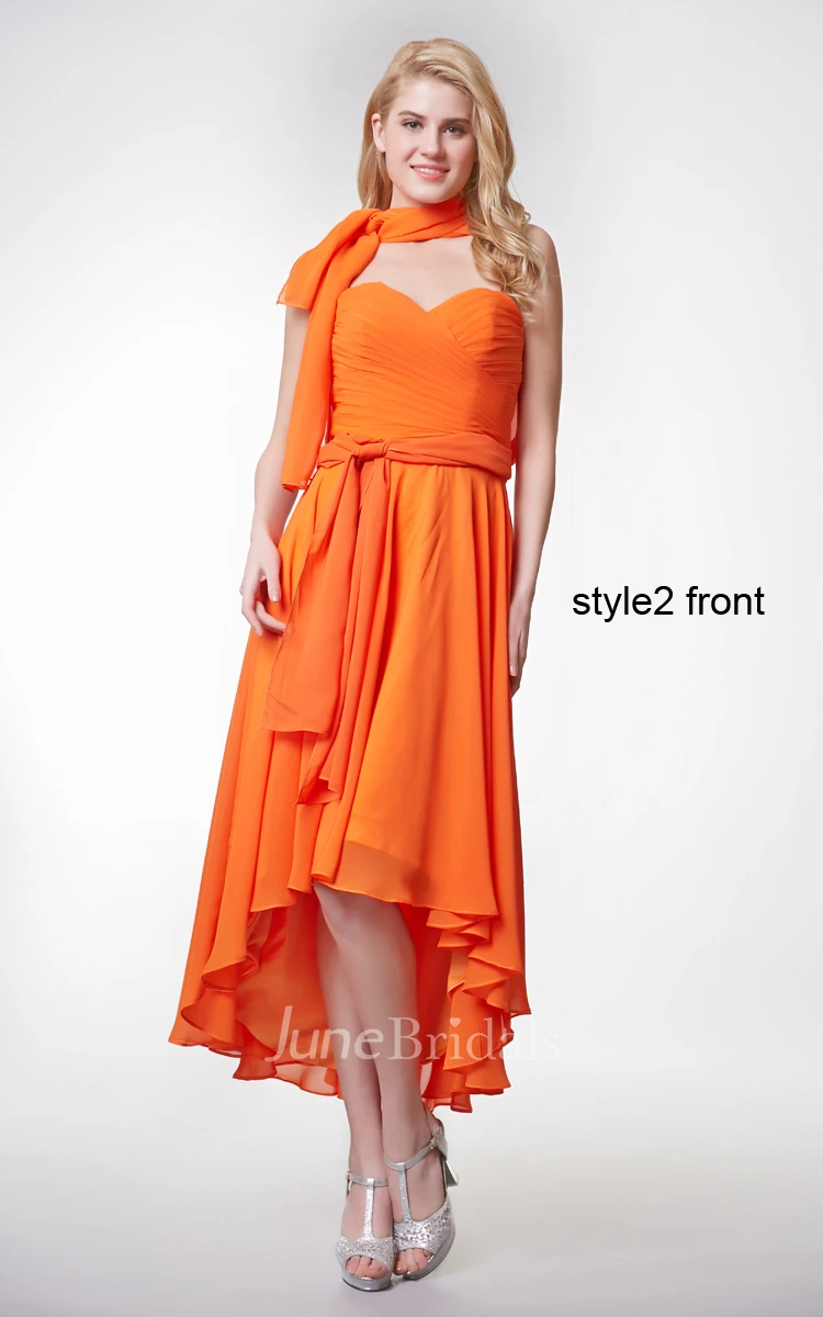 Sweetheart Ruched High Low Chiffon Dress With Convertible Straps