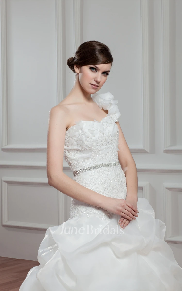 One-Shoulder Pick-Up Ball Gown with Appliques and Gemmed Waist