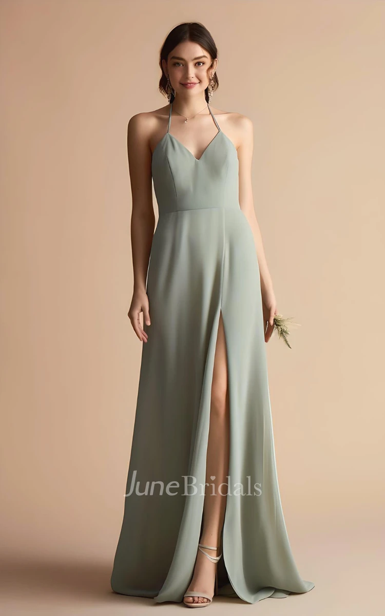 2023 A-Line Sleeveless Chiffon Bridesmaid Dress Halter with Split Front Spaghetti Simple Sexy Bohemian Elegant Floor-length