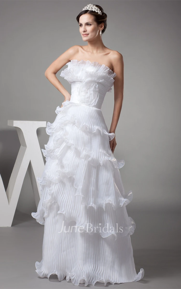 Strapless A-Line Tiered Dress with Flower and Overall Ruched Design