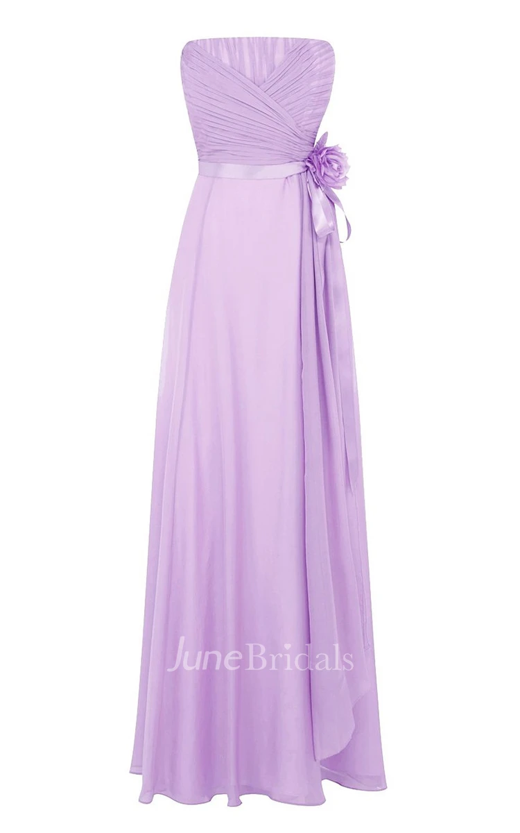 Elegant Strapless Ruched A-line Gown With Floral Sash