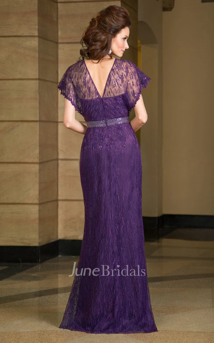 Long Dress Poet-sleeve Lace Mother of the Bride With Beading And Low-V Back