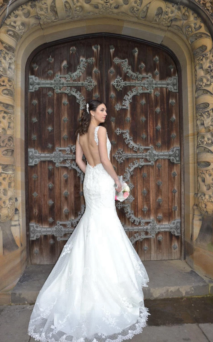 V-Neck Backless Lace Fit and Flare Wedding Dress