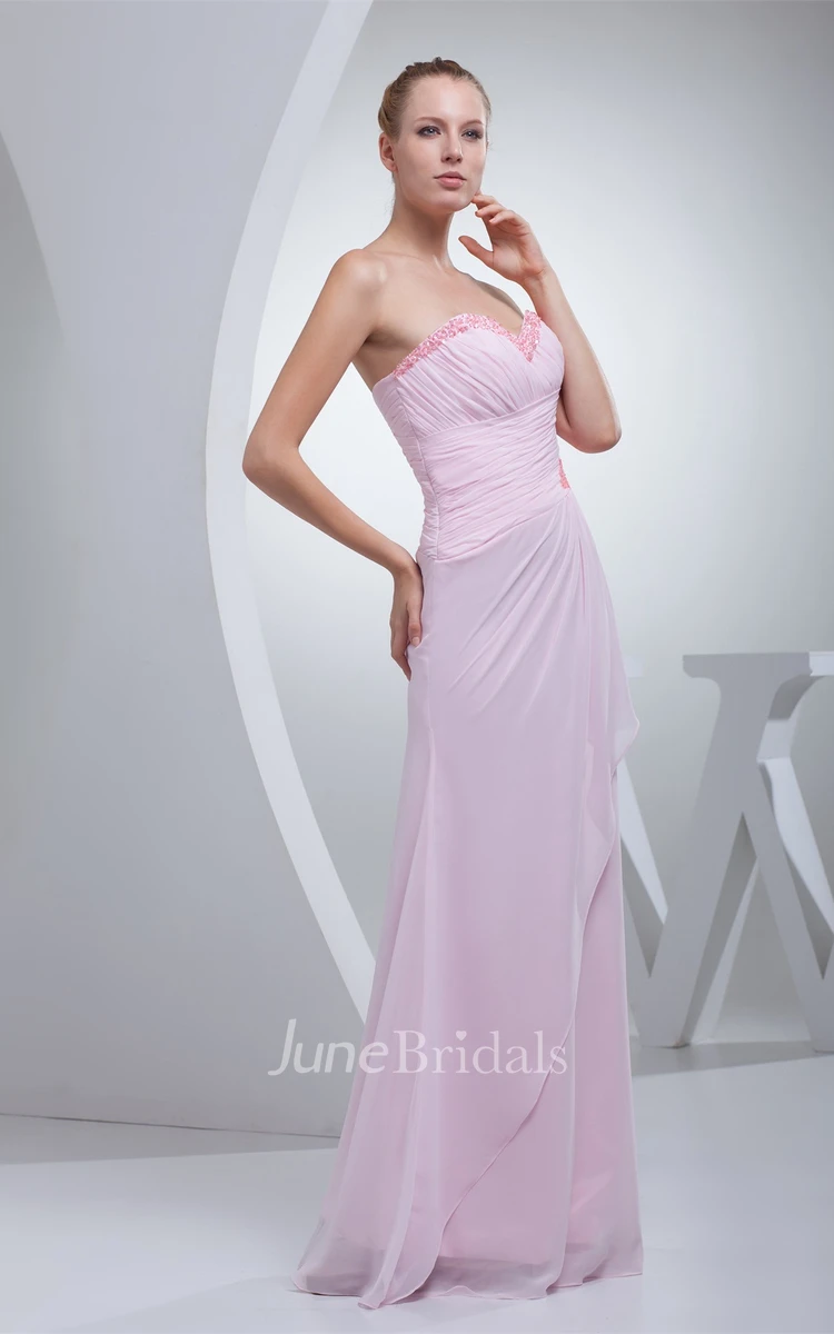 Pastel Sweetheart Ruched Chiffon Long Dress with Beading and Broach