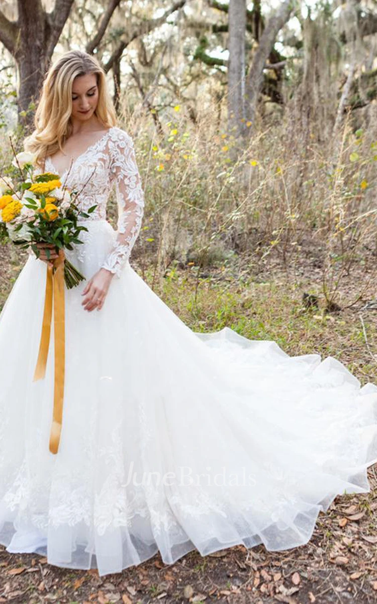 Bohemian A Line Floor-length Court Train Lace Tulle V-neck Long Sleeve Wedding Dress