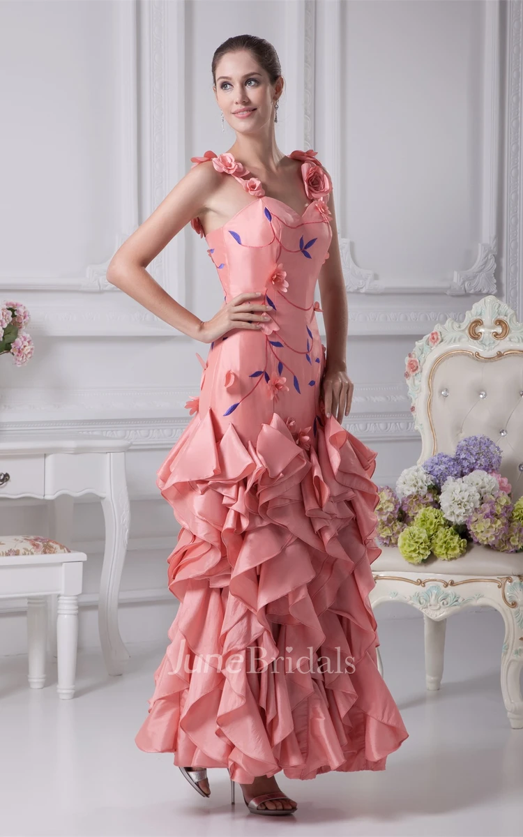 Sleeveless Embroidered Ankle-Length Dress with Cascading Ruffles