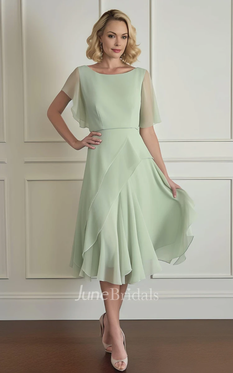 Simple Sheath Bateau NeckTulle Half Sleeve Mother of the Bride Dress Casual Modest Elegant Tea-length