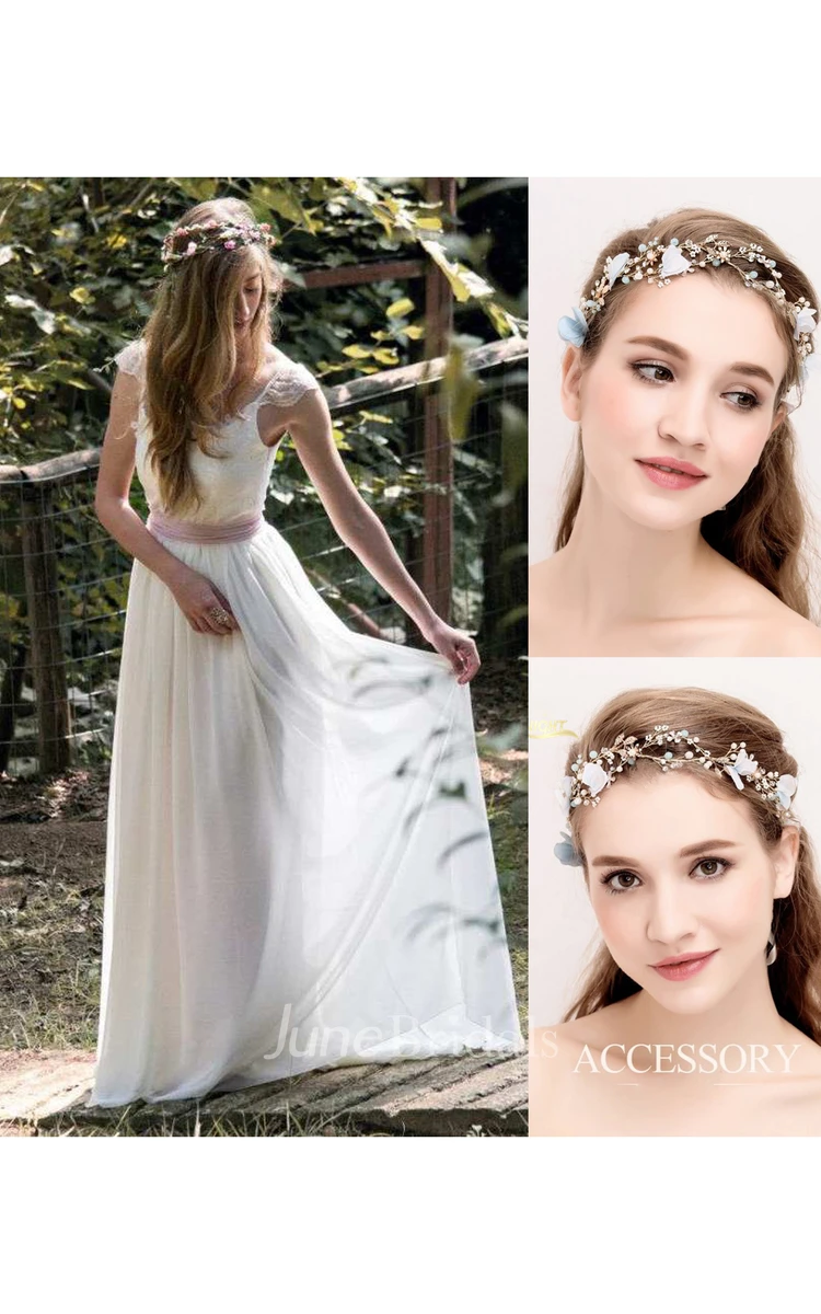 Sleeveless Pleated Long Dress With Appliques And Bow and Blue And White Flowers Vine Pearl Rhinestone Bridal Hair Band