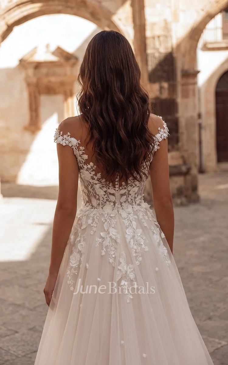 3D Floral Lace A-Line Wedding Dress Cap Sleeve V-Neck Illusion Bodice Tulle Bridal Gown