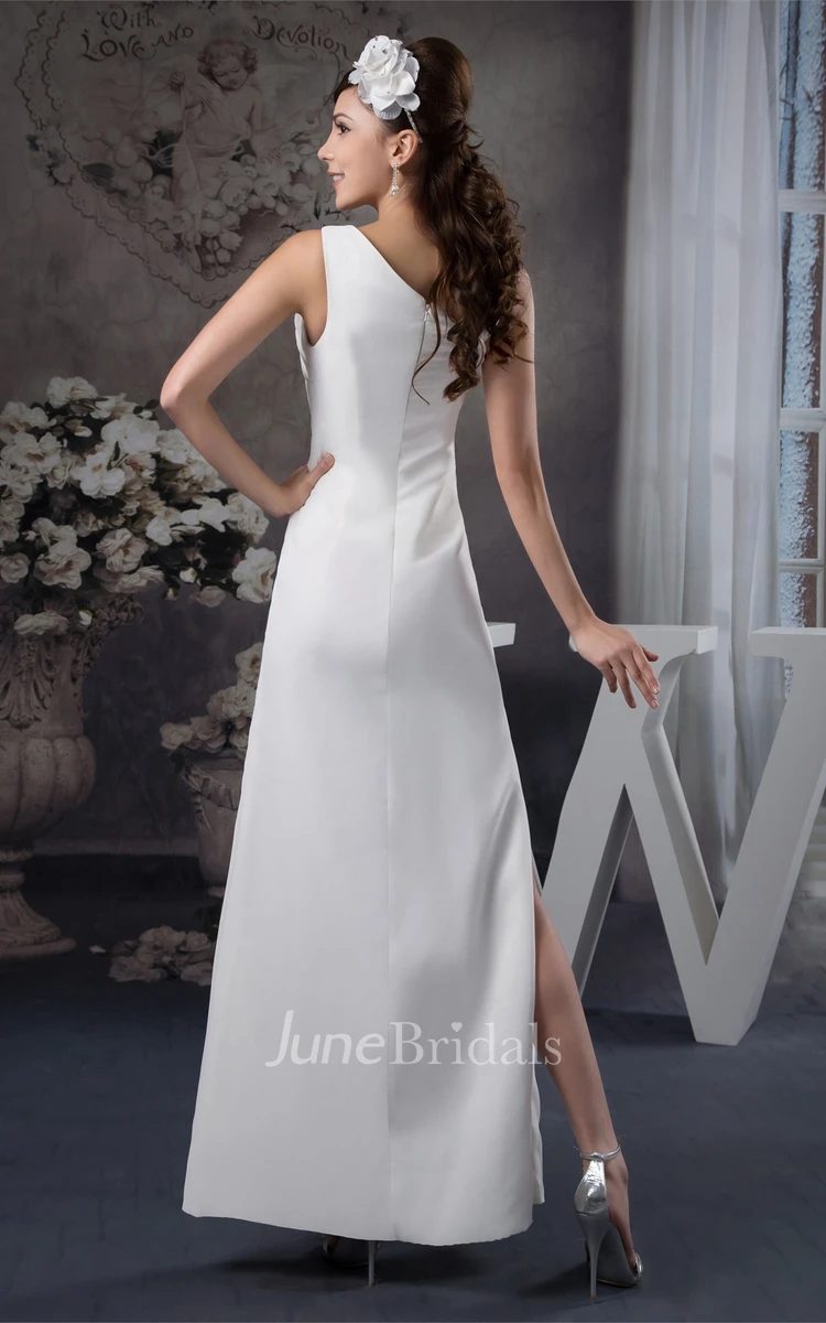 Asymmetrical Ankle-Length Dress with Side Slit and Ruching