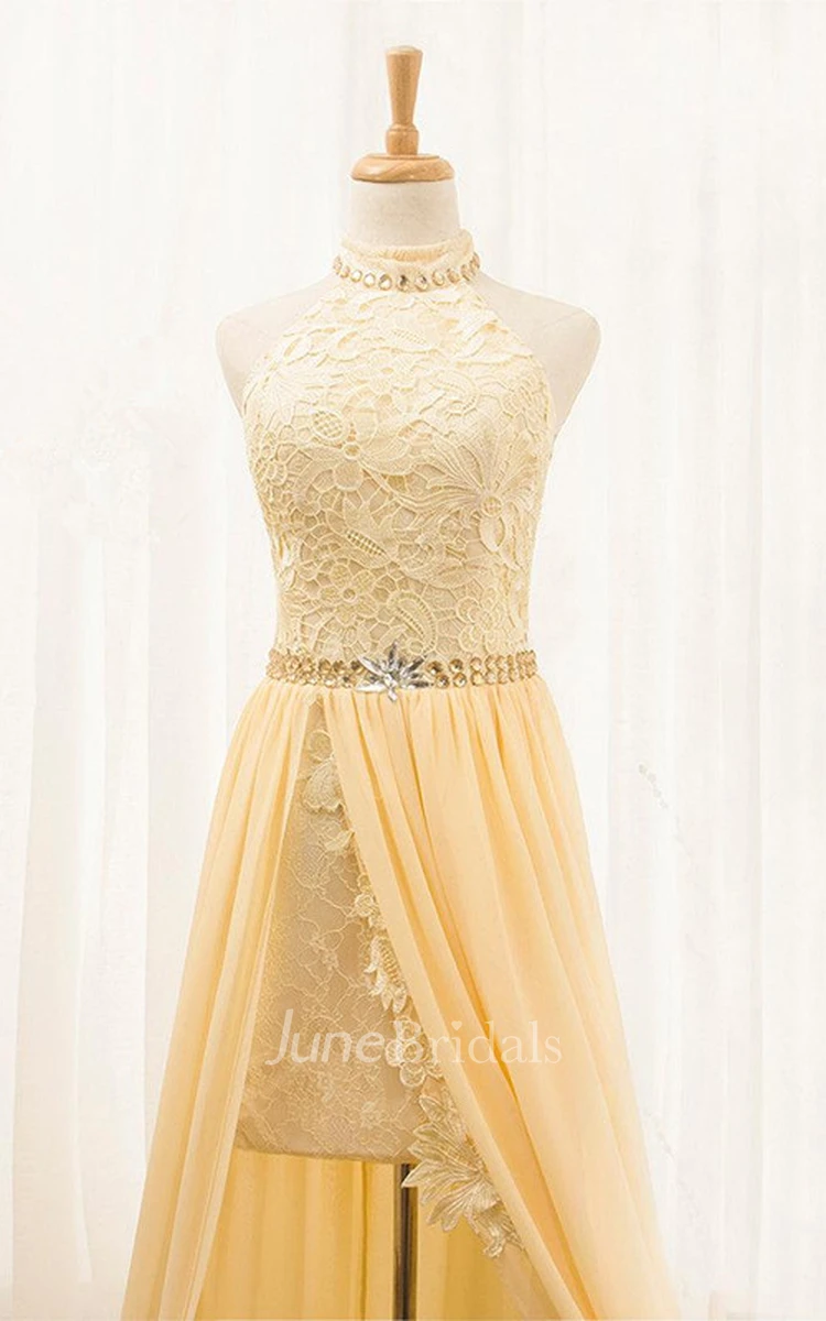 High-neck Sneath Lace Dress With Chiffon Skirt And Beading