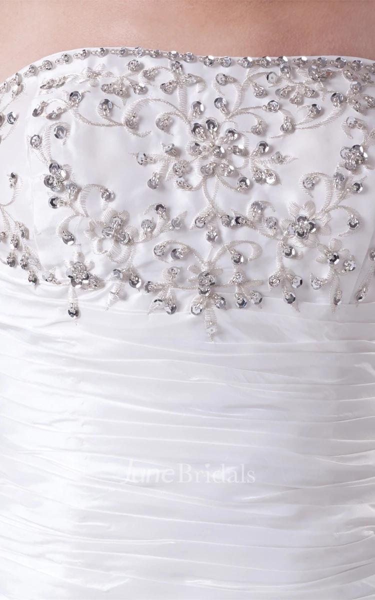 Strapless Pick-Up Pleated Ball Gown with Beading and Appliques