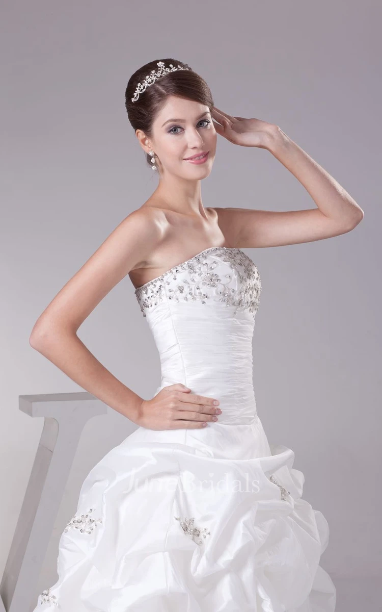 Strapless Pick-Up A-Line Gown With Pleats and Rhinestone