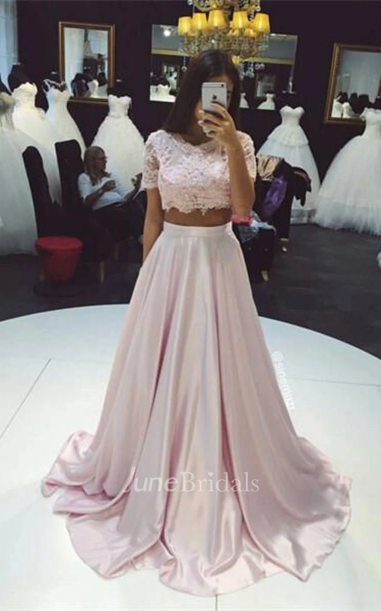Beautiful Two Pieces Short Sleeve Prom Dresses Lace A-Line Party Gown
