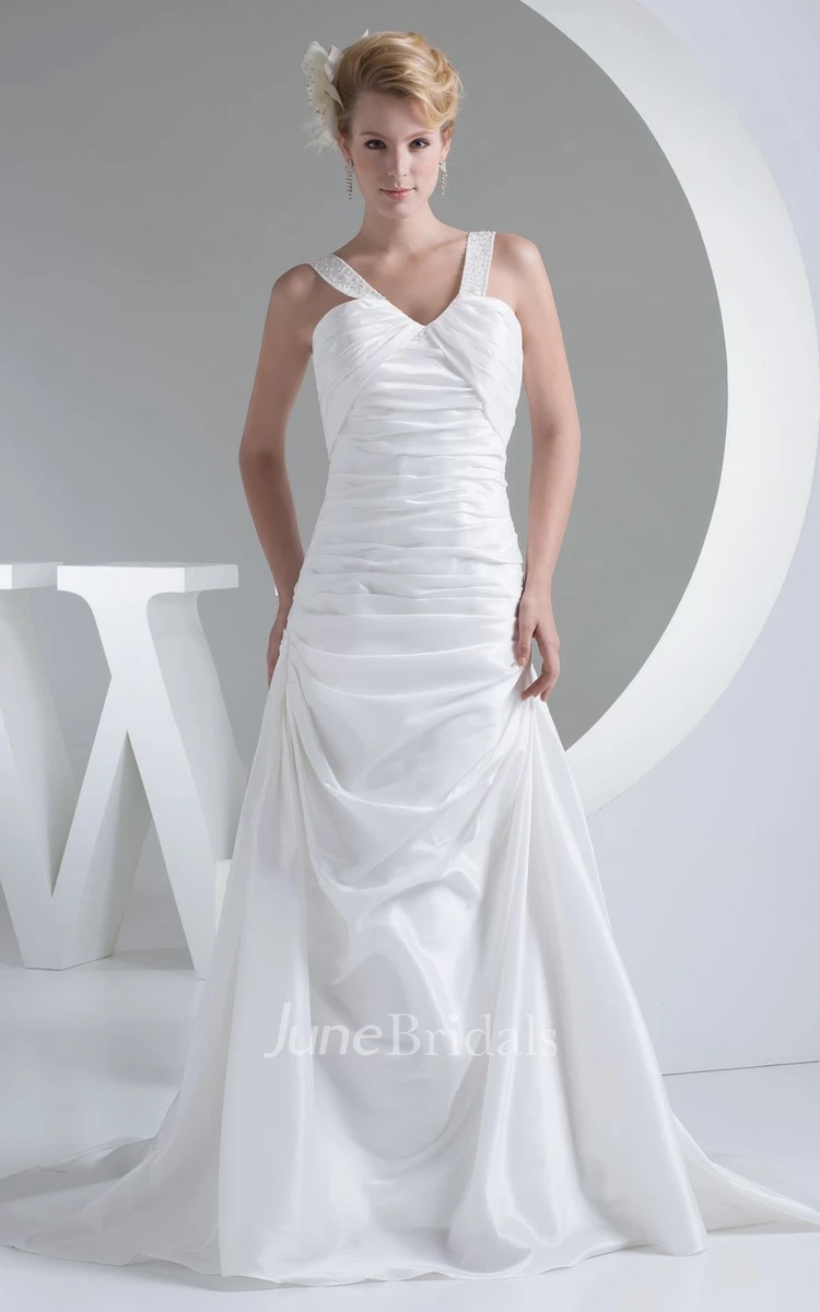 Sleeveless Notched Ruched A-Line Dress With Pick Up and Beaded Straps