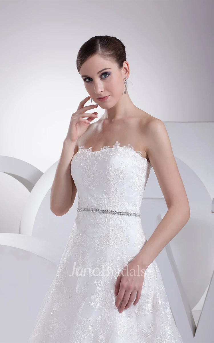 Strapless Appliqued A-Line Gown with Jeweled Waist