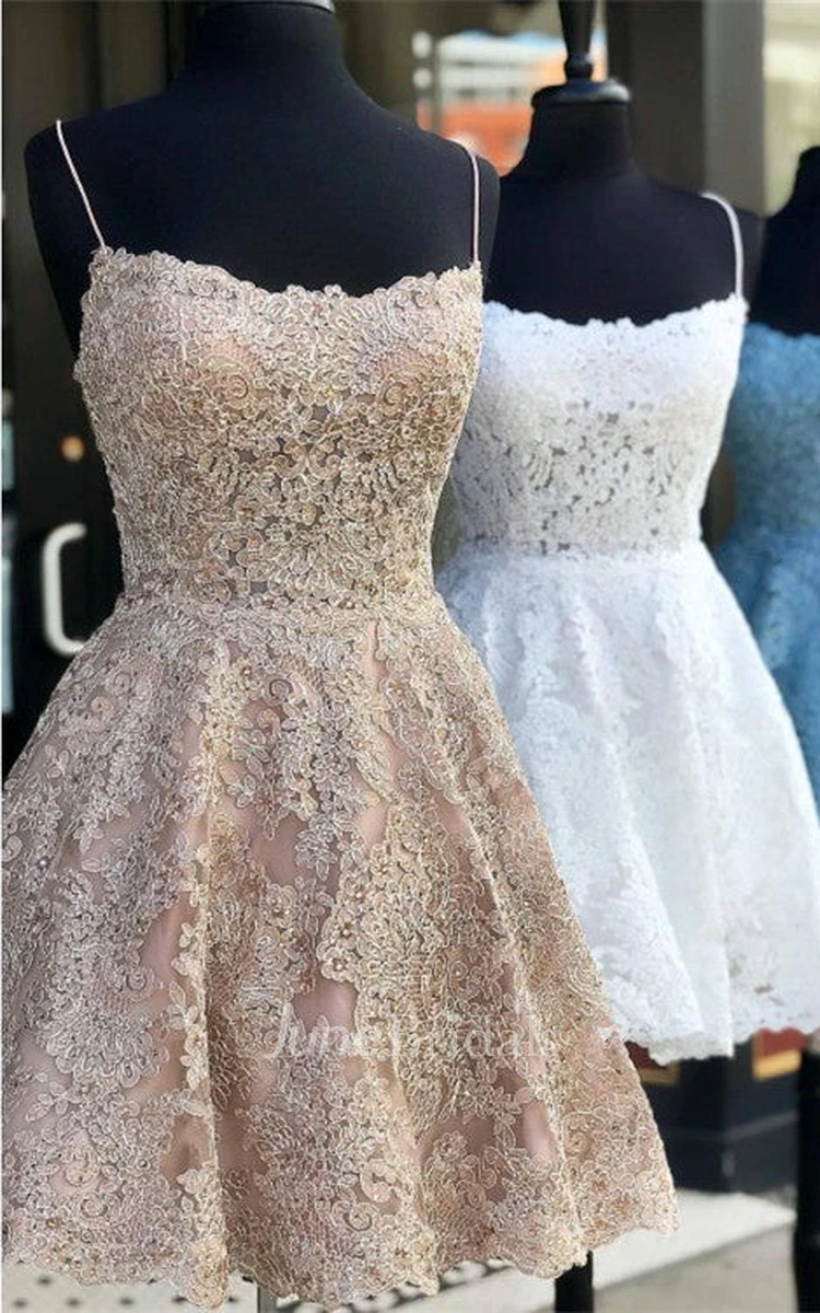 Lace A Line Spaghetti Romantic Homecoming Dress With Tied Back And Appliques